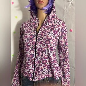 Y2K Purple and Pink Patterned Women's Zip Up with Bell Sleeves in Size S